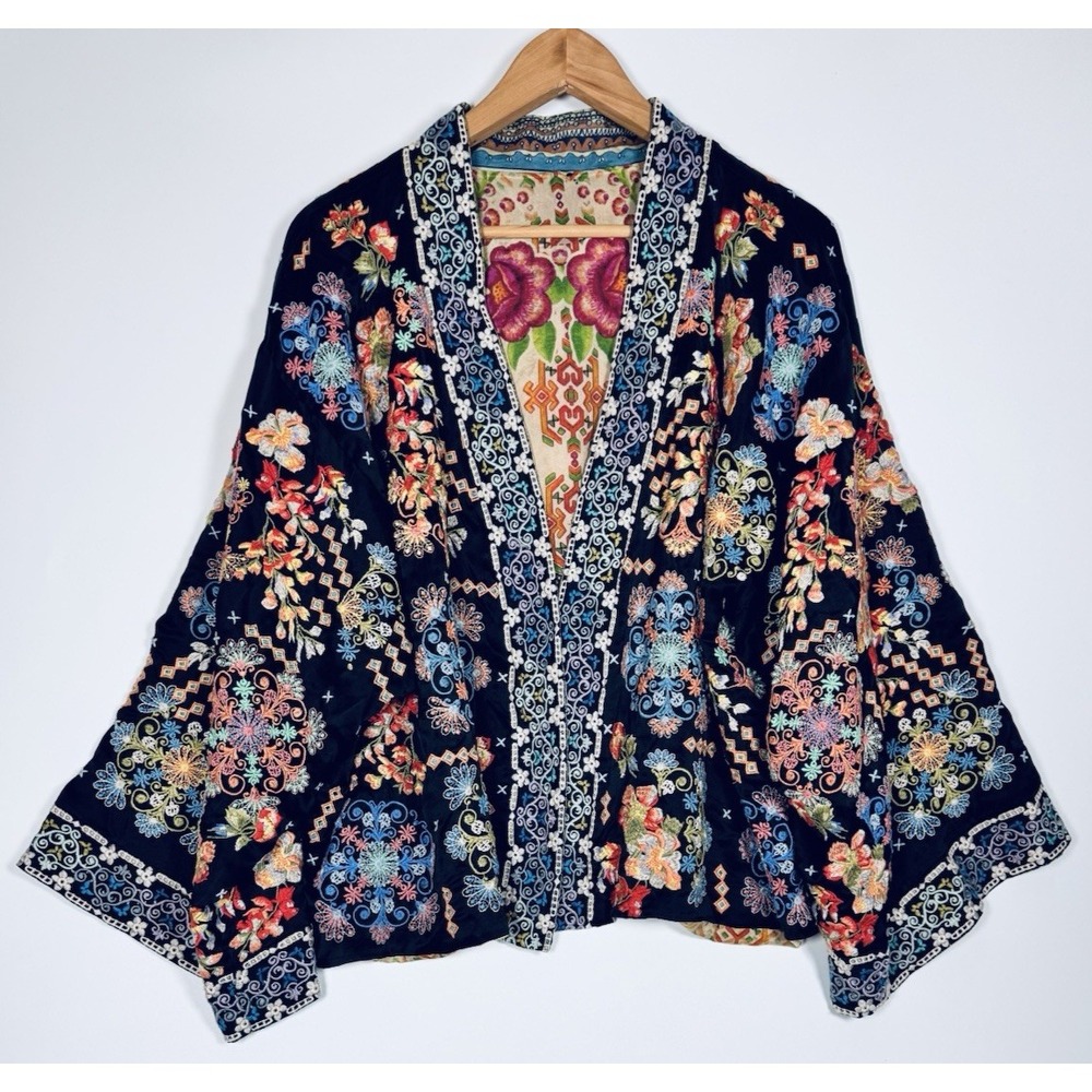 Johnny Was Reversible Silk Kimono Jacket XL Black Colorful Embroidered Floral